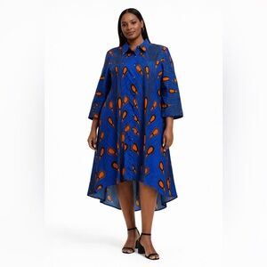 Step In Style Blue African Print High-Low Shirt Dress Swing Style